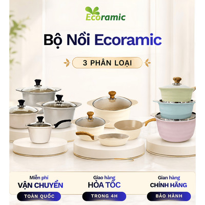 Bộ Nồi Chảo Chống Dính Cao Cấp Ecoramic Đáy Từ, Dùng Mọi Loại Bếp, Bộ 3-4-5 Món