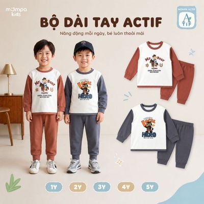 Bộ dài tay cho bé Mompa 1-5 tuổi vải Cotton Actif co giãn thoáng khí nhanh khô MP 0584