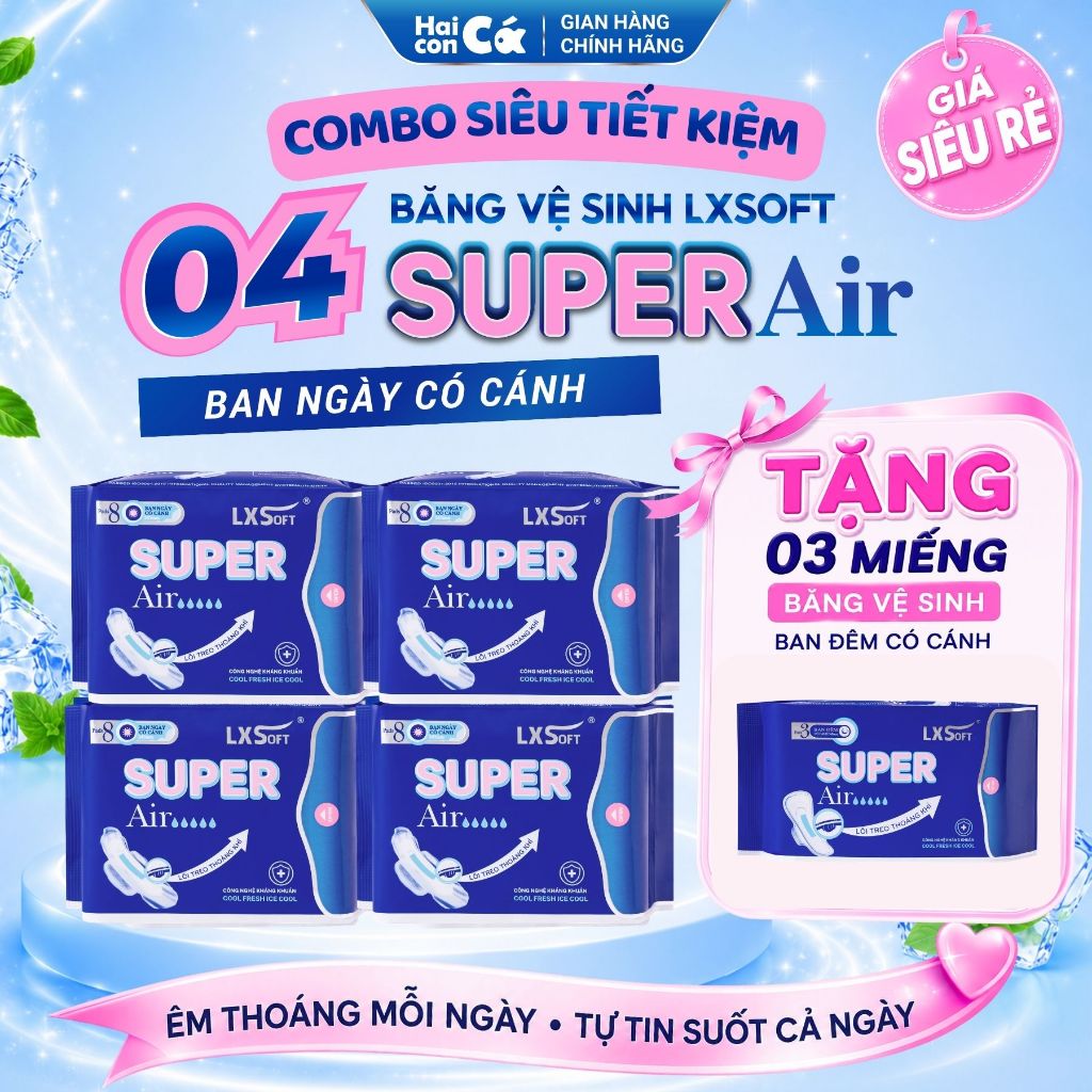 [Mua 4 Tặng 3]Băng Vệ Sinh LXSoft Super Air Ban Ngày Có Cánh Mặt Lưới Bạc Hà – Siêu Mỏng, Siêu Thấm,