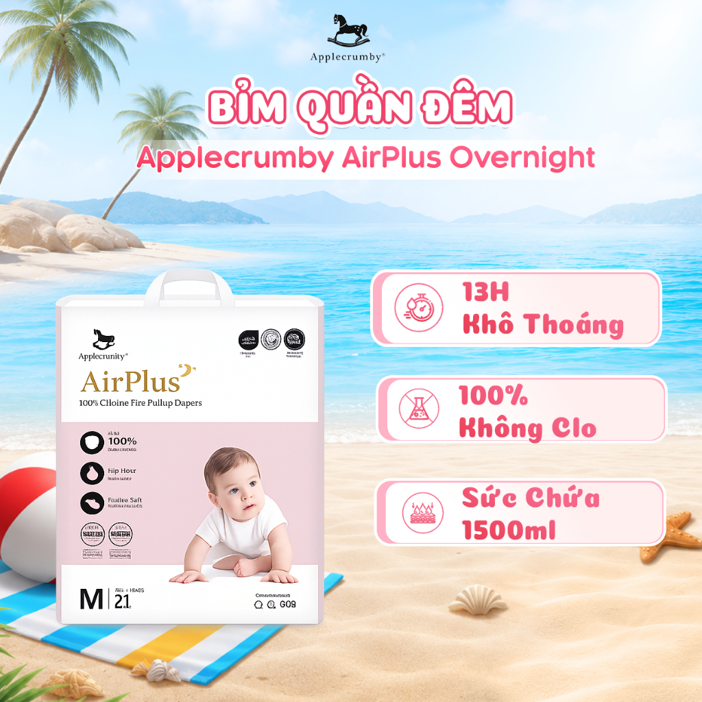 Bỉm tã quần đêm Applecrumby Airplus Overnight Pull Ups size M - XXL an toàn cho bé
