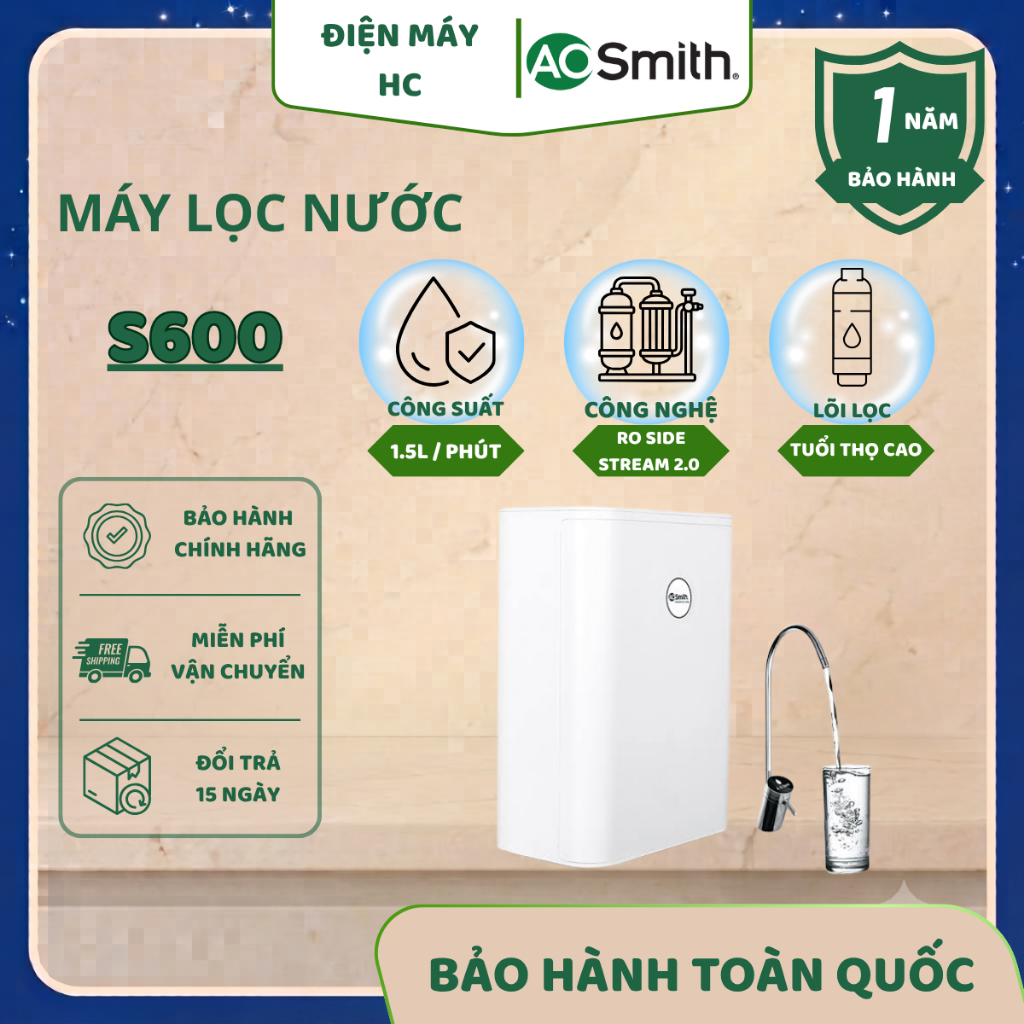 Máy Lọc Nước RO Side Stream A. O. Smith (aosmith) S600 – 5 Lõi, Công Suất Lọc 1.5L/Phút