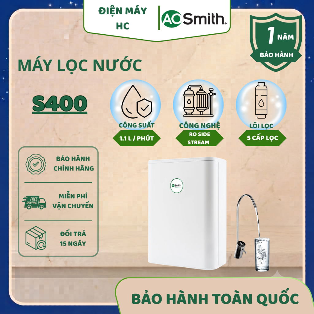 Máy Lọc Nước RO A. O. Smith (aosmith) S400 – Công Nghệ RO Side Stream, 5 Cấp Lọc, Công Suất 66L/giờ