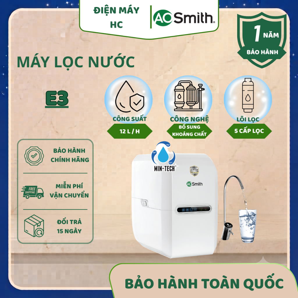 Máy Lọc Nước RO A. O. Smith (aosmith) E3 – Công Nghệ RO Side Stream, Bổ Sung Khoáng Min-Tech