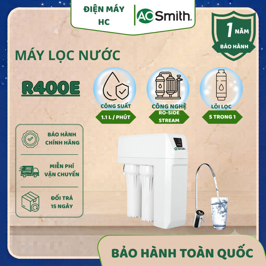 Máy Lọc Nước RO A. O. Smith (aosmith) R400E – Công Nghệ RO Side Stream, 7 Cấp Lọc, Không Bình Chứa