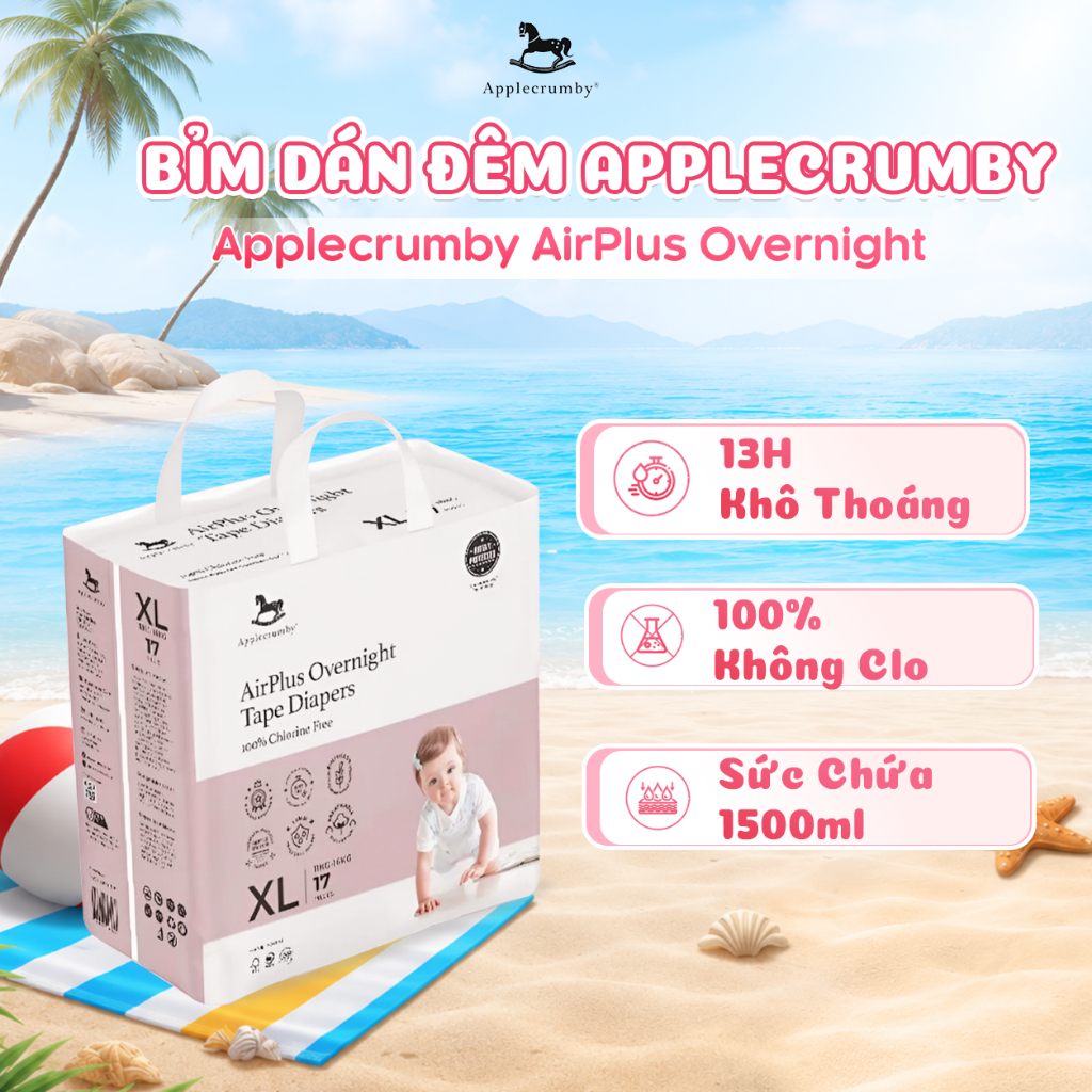 Bỉm tã dán đêm Applecrumby Airplus Overnight Tape size S - NB thoáng khí, êm ái