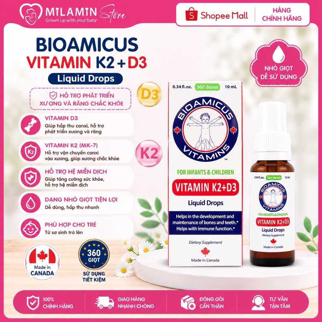 Vitamin D3K2 Bioamicus hỗ trợ xương chắc khoẻ 10ml Xuất Xứ Canada Date 6/2027
