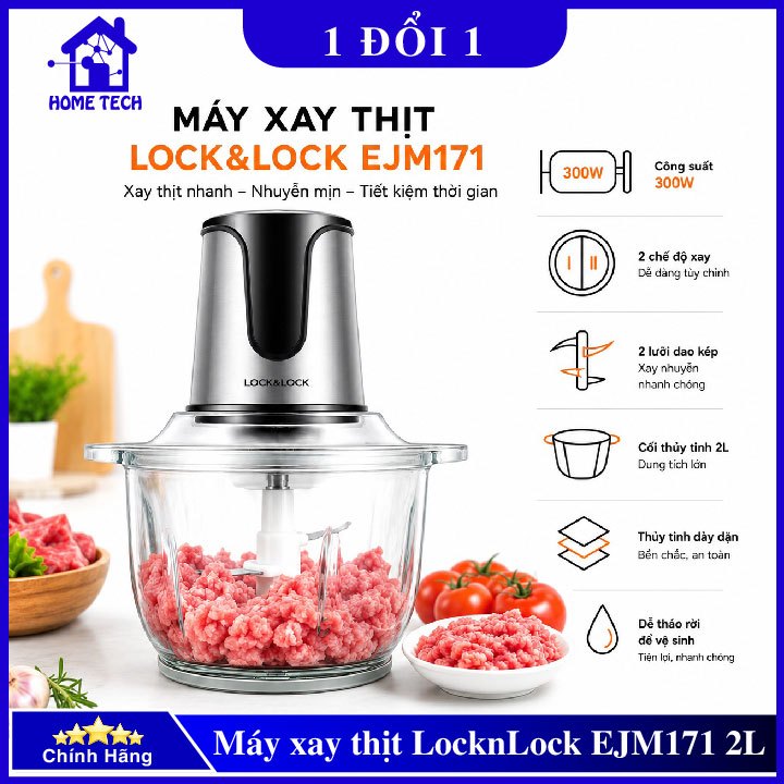 Máy xay thịt cối thủy tinh Lock&Lock EJM171 -dung tích 2L công suất 300W lưỡi dao 4 cánh