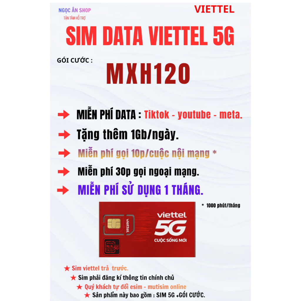 [ MXH120 ]. SIM VIETTEL 5G.  MIỄN PHÍ GỌI .  MIỄN PHÍ XEM :YOUTUBE - TIKTOK - META.