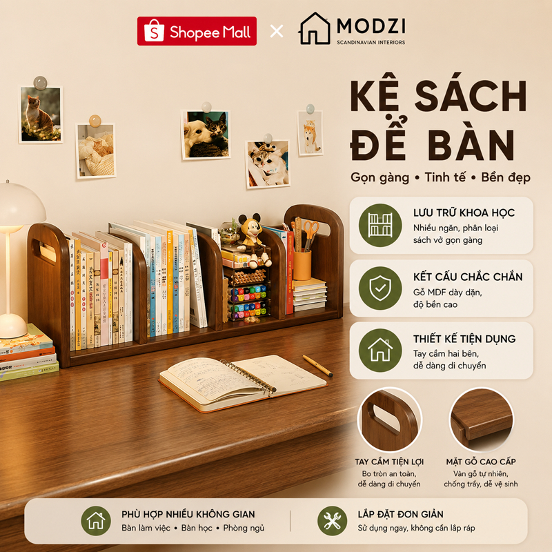 Kệ sách gỗ để bàn Modzi thiết kế hiện đại sắp xếp decor bàn làm việc gọn gàng - MD06