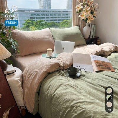 Bộ vỏ chăn mền ga gối GONI FRESH màu Oliu Beige - Ga drap giường bo chun cao 4-25cm kích thước 1m,1m2,1m4, 1m6, 1m8, 2m