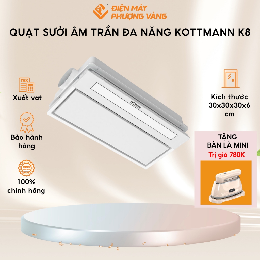 Quạt sưởi nhà tắm âm trần đa năng Kottmann K8 sưởi ấm, quạt, thông gió, sấy khô, đèn LED, BH chính h