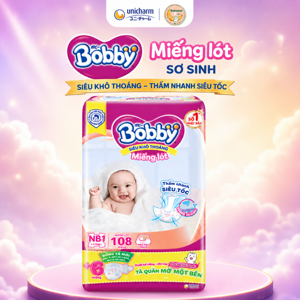 Miếng Lót Sơ Sinh Bobby NB1 NB2 Chính Hãng – Tã Dán Cho Bé Siêu Thấm Hút, Mềm Mại, Khô Thoáng