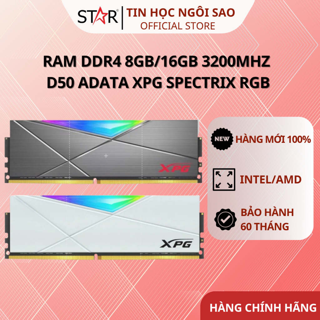 Ram DDR4 8GB/16GB 3200Mhz D50 Adata XPG Spectrix RGB White/Grey - Bảo hành 60 tháng
