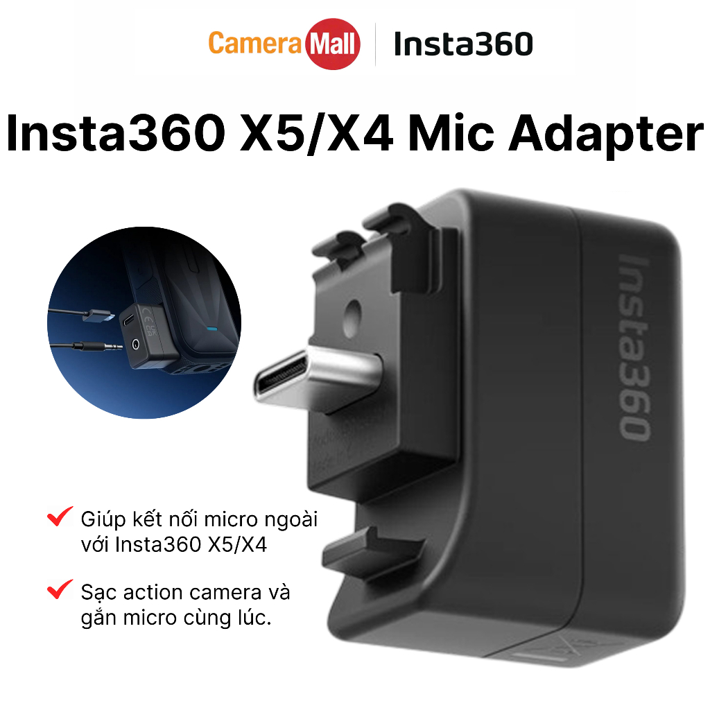 Insta360 Mic Adapter Insta360 X5 / X4 / X3 / X2 / RS / RS 1-Inch Chính Hãng | Kết Nối Micro Ngoài | 