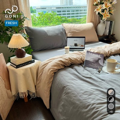 Bộ vỏ chăn mền ga gối GONI FRESH màu Beige Xám - Ga drap giường bo chun cao 4-25cm kích thước 1m, 1m2 ,1m4, 1m6, 1m8, 2m