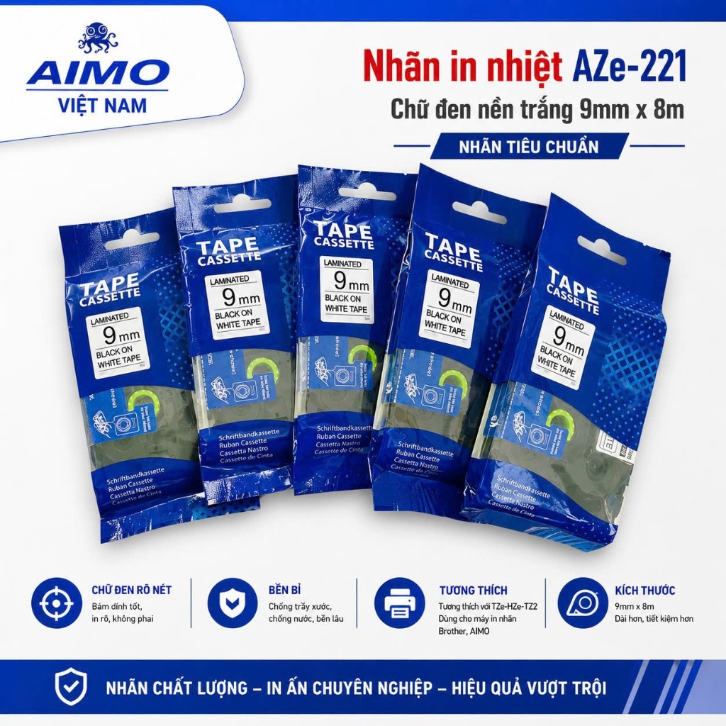Nhãn in AZe-221 [9mm x 8m - Chữ đen nền trắng ] Dùng cho Máy Brother PT-E110/ PT-E300/D210/ E1000Pro