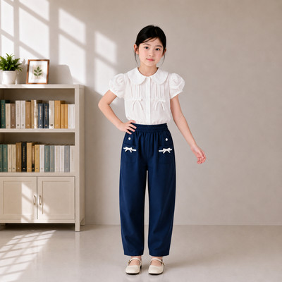 Quần bé gái TIHON cao cấp quần đi học dáng baggy cho bé cạp lưng chun đính nơ dễ thương QBG0744336