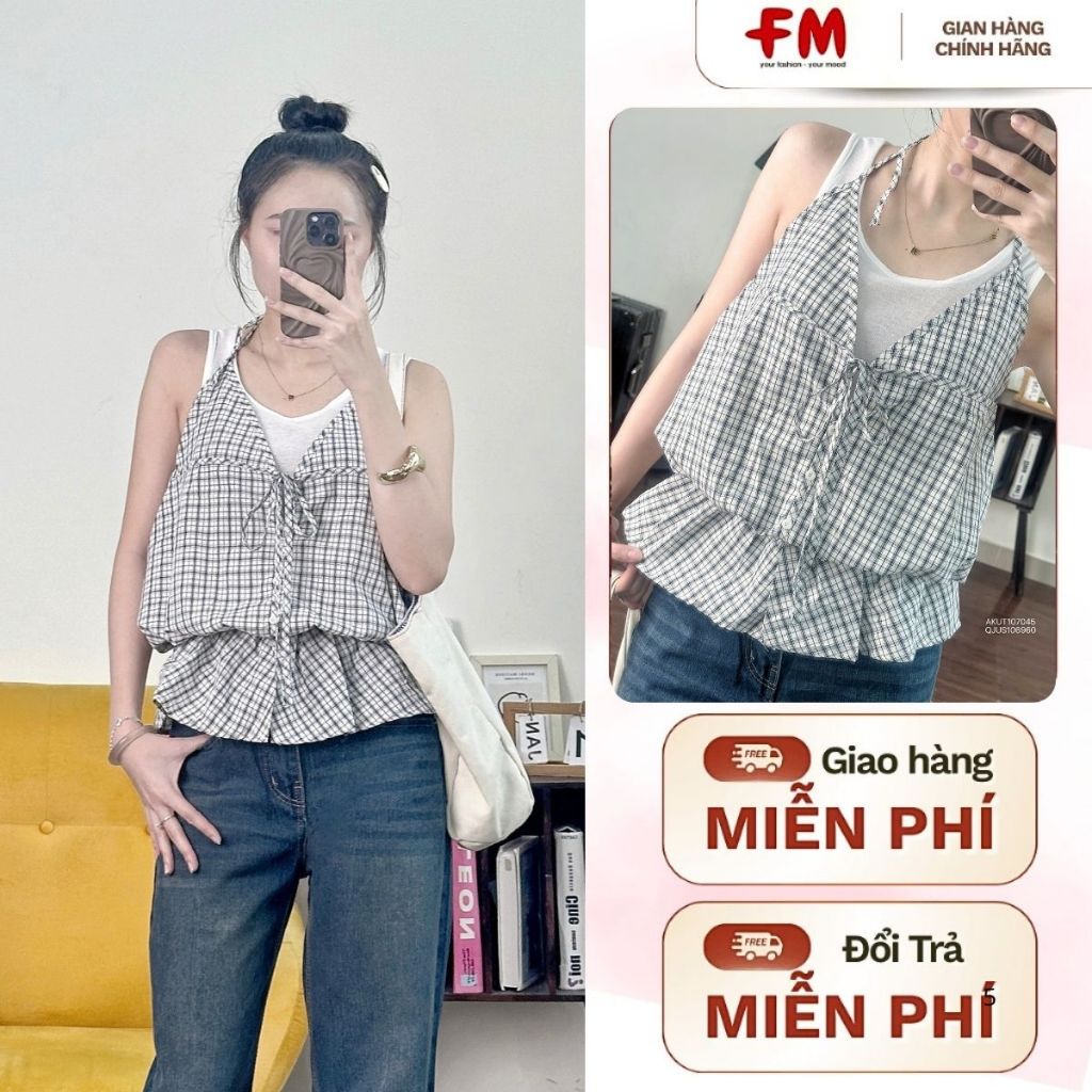 Áo Kiểu Nữ FMSTYLE 2 Dây Caro Nhún Nơ Kèm Áo Thun Sát Nách Dễ Thương  26070113