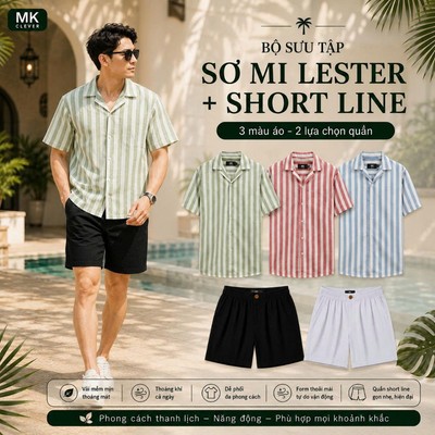Set Bộ Nam Áo Sơ Mi Kẻ Lester + Quần Short Đũi Line MKCLEVER Form Rộng Thoáng Mát, Set Đồ Nam Trẻ Trung Mùa Hè