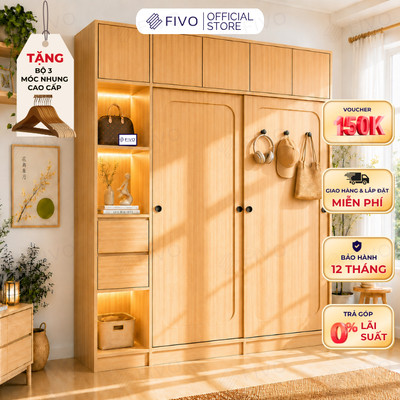 Tủ Quần Áo Gỗ Cửa Lùa Cao Cấp FC37 FIVO, Gỗ Dày 17mm Độ Sâu 60cm, Kèm Hệ Trang Trí, Freeship+Free Lắp Đặt, Trả Góp 0%