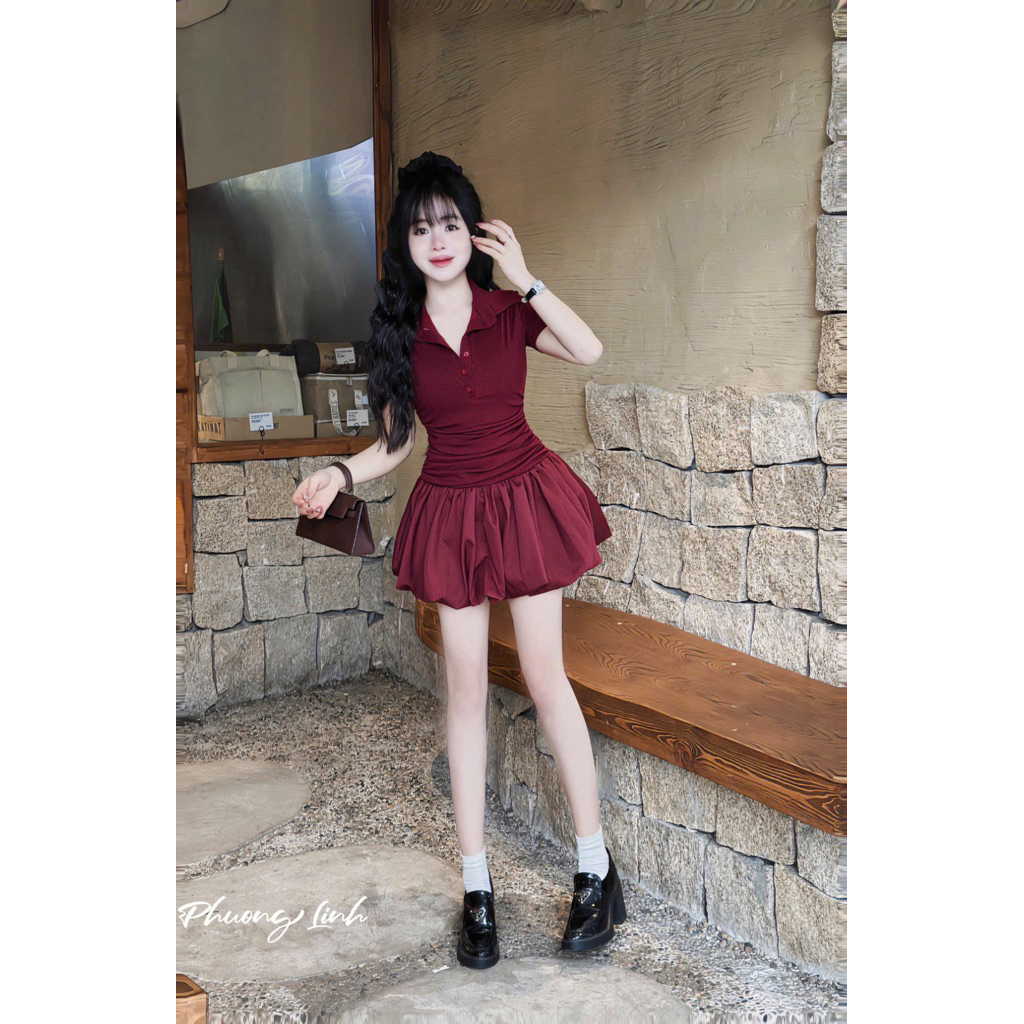 Đầm xòe đùi nữ màu đỏ đô tôn da dáng ngắn tay bồng tiểu thư đi tiệc đi chơi hot trend - ELUNA