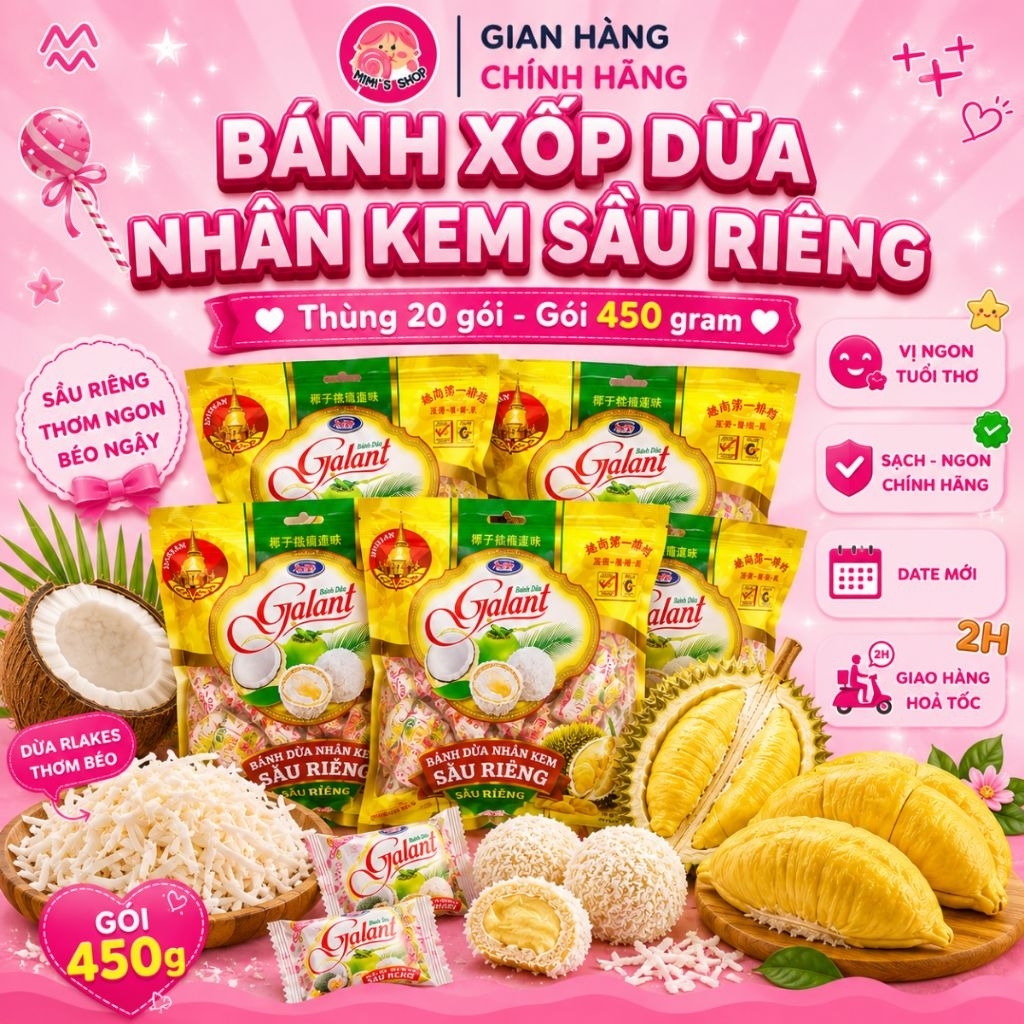 (Sỉ) Thùng 20 Gói Bánh Dừa Nhân Kem Sầu Riêng 450g, Bánh Giòn Xốp Thơm Béo Vị Dừa Sầu Riêng | Mimi's