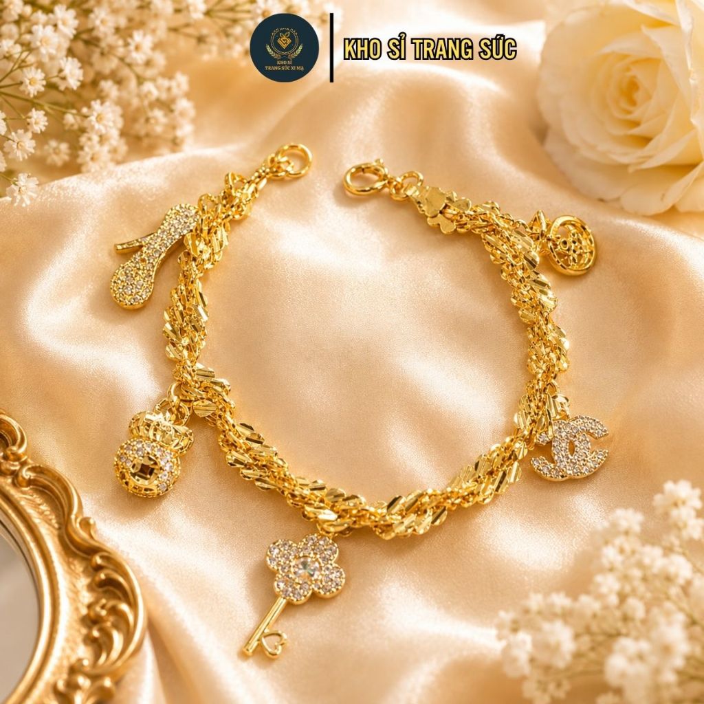 Lắc Tay Vàng Nữ 18K,Lắc Xoắn Phối Phụ Kiện Vàng 18K, Vòng Nữ Titan Không Gỉ - Kho Sỉ Trang Sức Xi Mạ