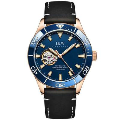 Đồng hồ nam chính hãng I&W Carnival 542G-D1,kính chống xước,chống nước 50m,máy cơ automatic ,lộ cơ dây da