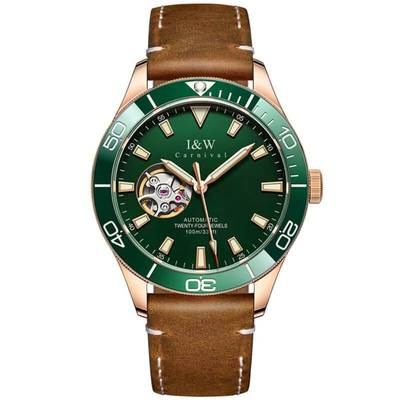Đồng hồ nam chính hãng I&W Carnival 542G-D3,kính chống xước,chống nước 50m,máy cơ automatic ,lộ cơ dây da