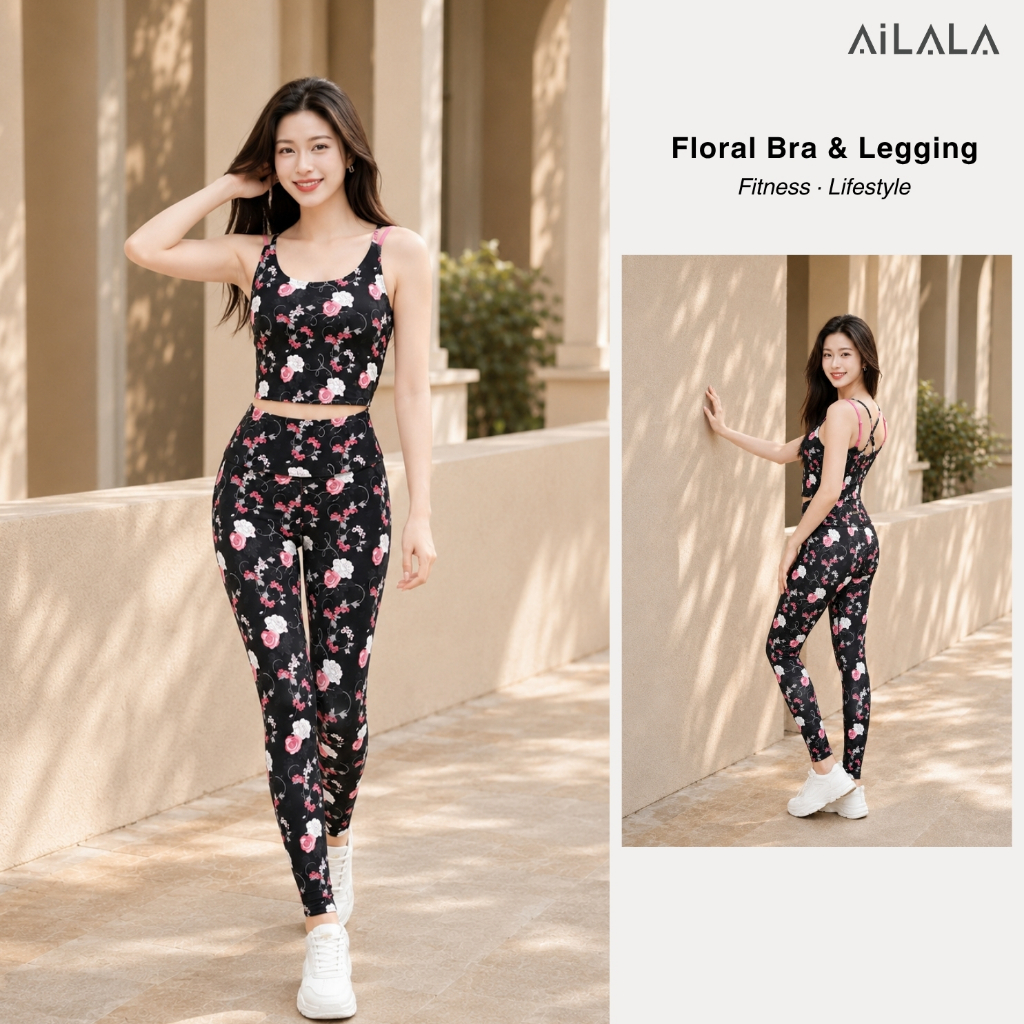AiLALA LUX01 Bộ Đồ Tập Gym Yoga Nữ, Áo Croptop Dáng Dài Có Đệm, Quần Legging Cạp Cao, Size S-XL