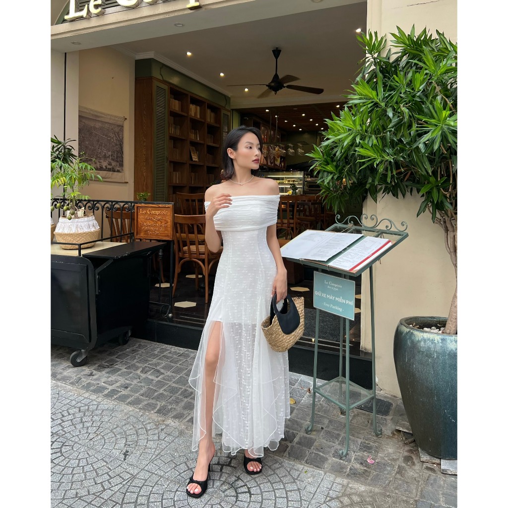 SUNDEI | Đầm maxi trễ vai dáng dài chiết eo xẻ tà Cinderella Dress
