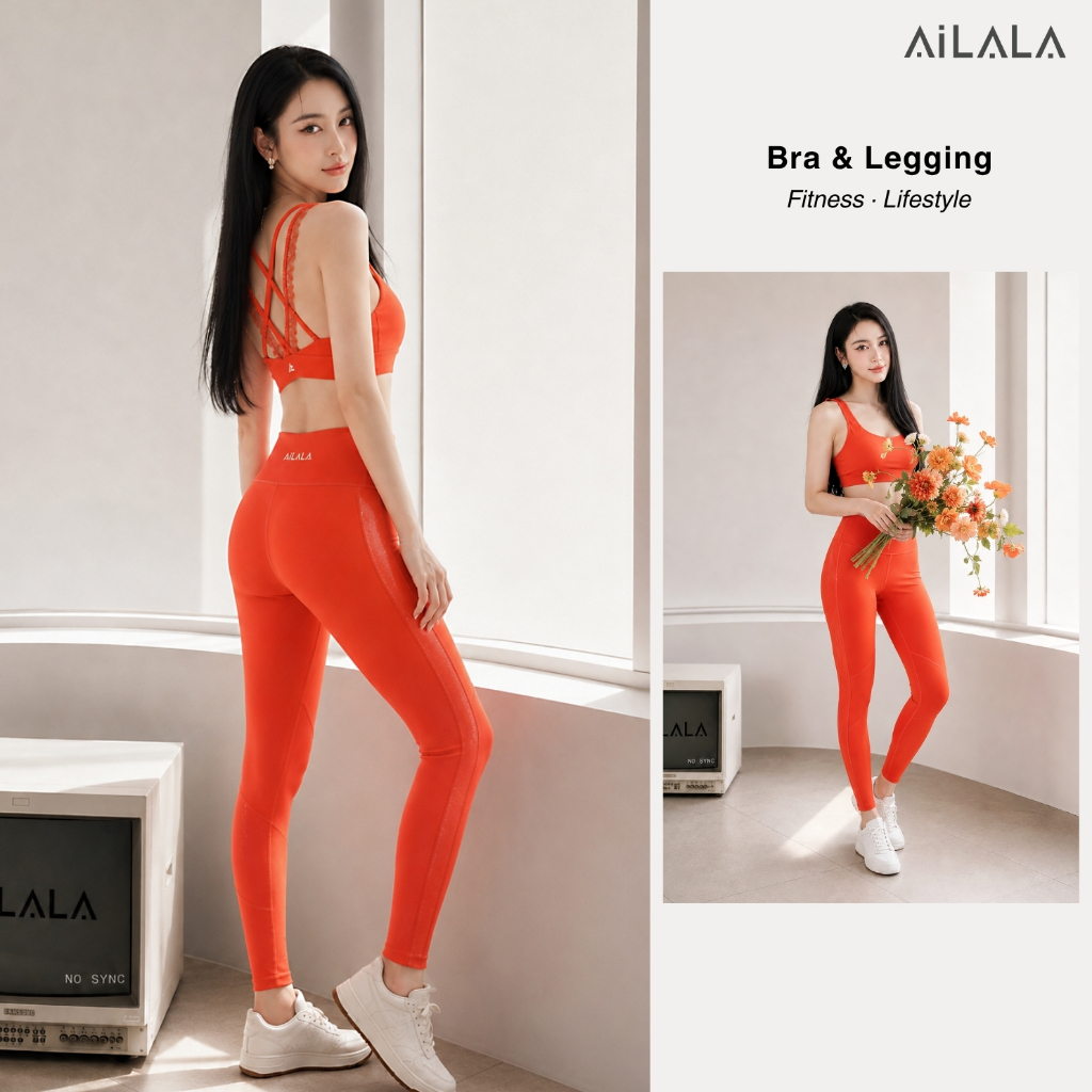 AiLALA LUX67 Bộ Đồ Tập Gym Yoga Nữ, Áo Bra Viền Ren Có Đệm, Quần Legging Cạp Cao, Size S-XL