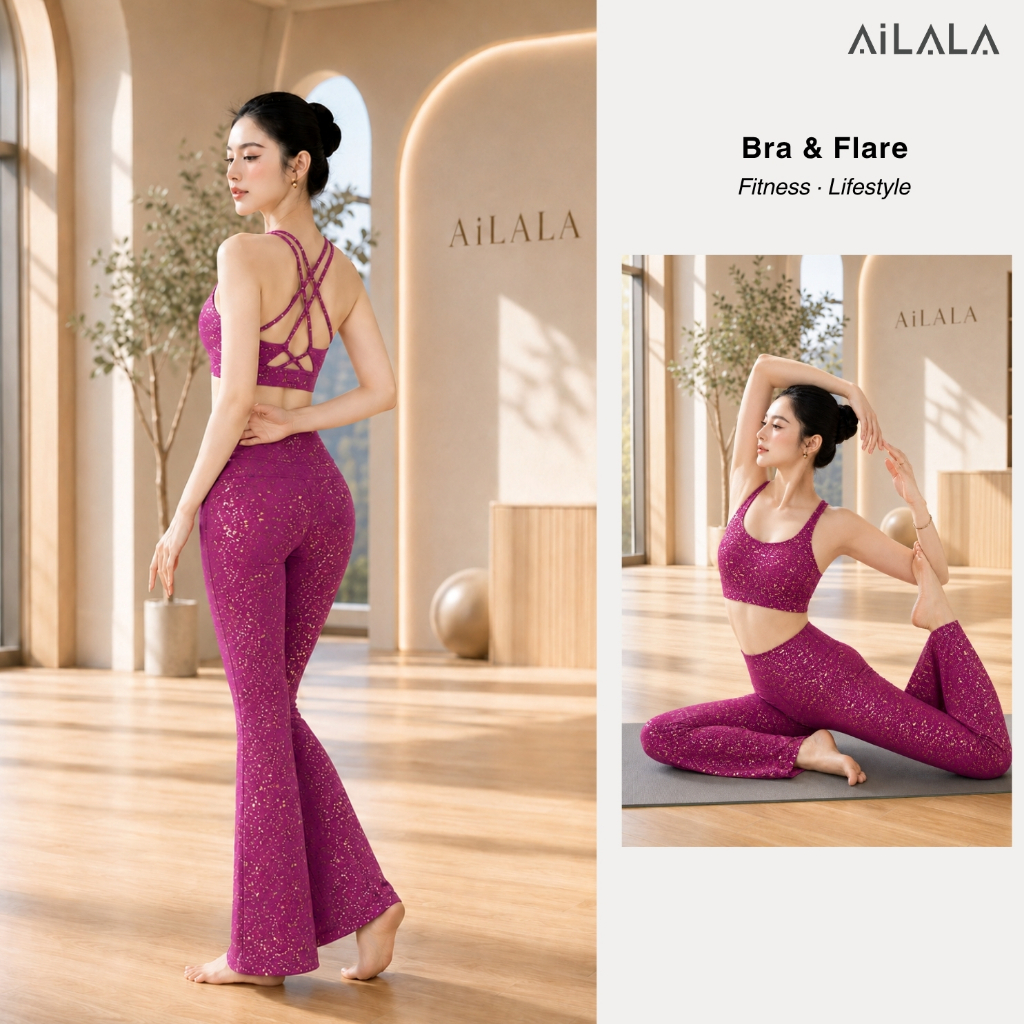 AiLALA LUX68 Bộ Đồ Tập Yoga Pilates Nữ, Áo Bra Đan Dây Có Đệm, Quần Loe Cạp Cao Ánh Nhũ, Size S–XL