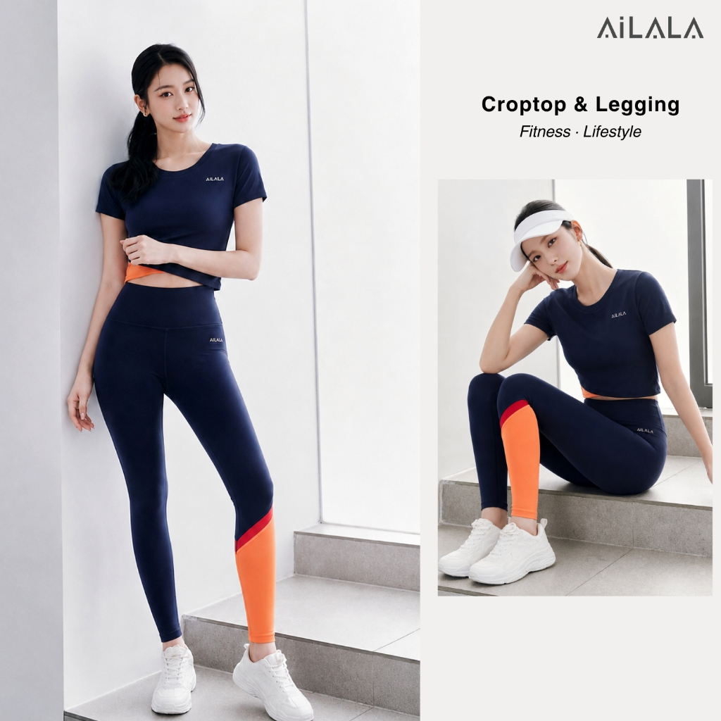AiLALA LUX10 Bộ Đồ Tập Yoga Pilates Nữ, Áo Ngắn Tay Có Đệm, Quần Legging Phối Viền Cam, Size S-XL