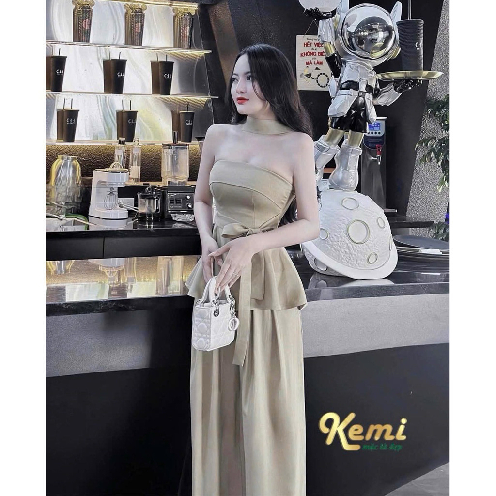 Set bộ mango cúp ngực có mút choàng cổ xòe thắt eo phối quần suông dáng dài sang chảnh - ELUNA