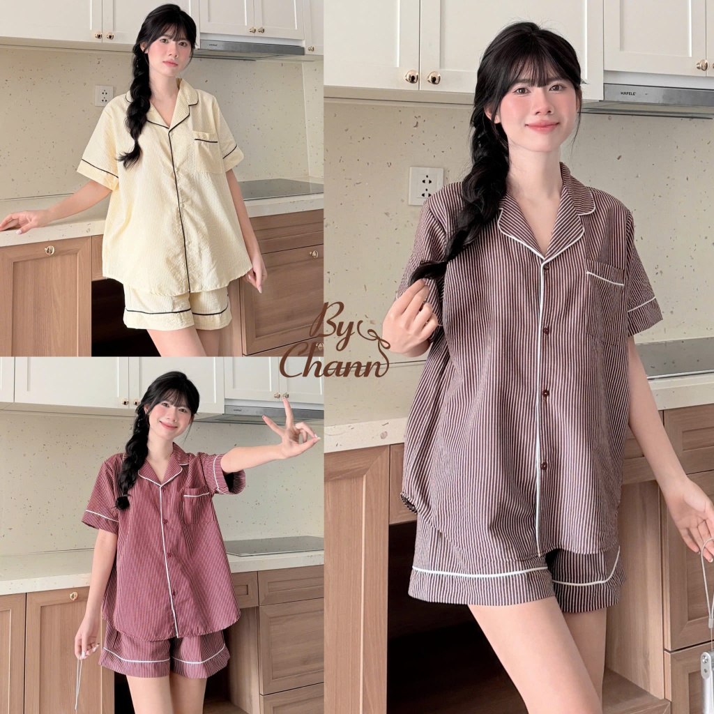 Bộ Đồ Ngủ Pyjamas BY CHANN (BN26) chất liệu đũi mềm họa tiết kẻ áo cộc quần cộc có bigsize 80kg