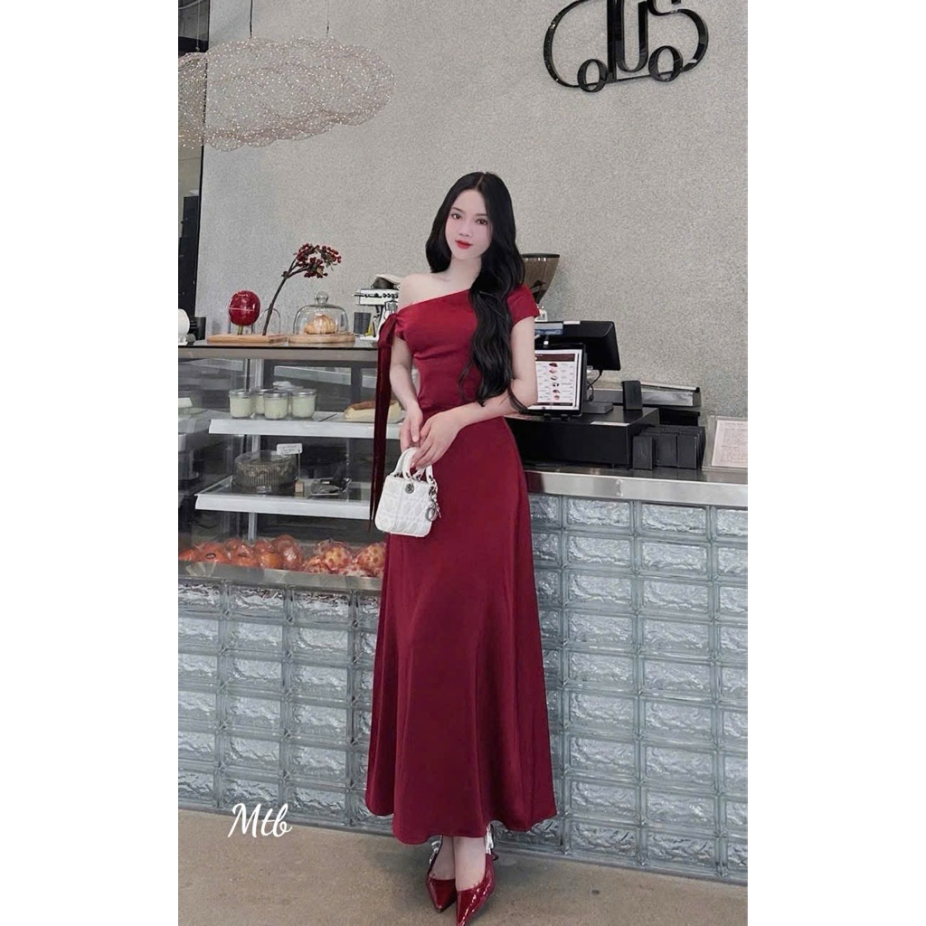 Đầm tuyết nhung trễ vai dáng dài xòe tiểu thư dự tiệc sang trọng chuẩn hình cao cấp - ELUNA