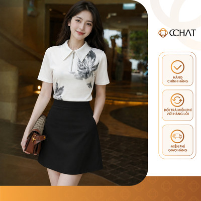 Áo Thun Nữ 𝐂𝐂𝐇𝐀𝐓 Dáng Ôm Họa Tiết Trendy Phối Màu Loang Chất Liệu Mì Hàn Mềm Mại 16TNC6081OT