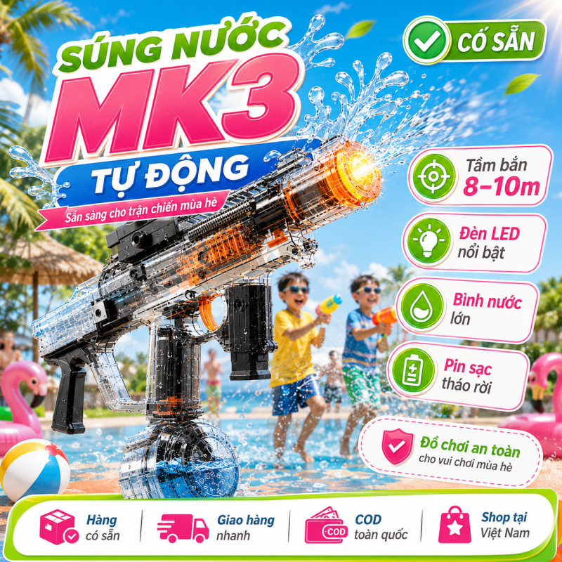 ✨Súng Nước Tự Động Súng Phun Nước MK3 Cao Cấp Đèn LED Áp Lực Mạnh Bắn Xa 8–10m Pin Sạc Cho Bé Chơi M