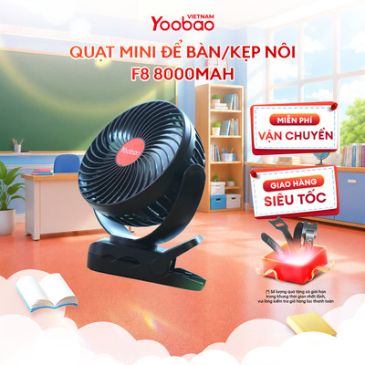 Quạt Yoobao F8 để bàn/kẹp nôi 8000mAh 3 tốc độ | Đèn LED + sạc dự phòng | Bảo hành 12 tháng