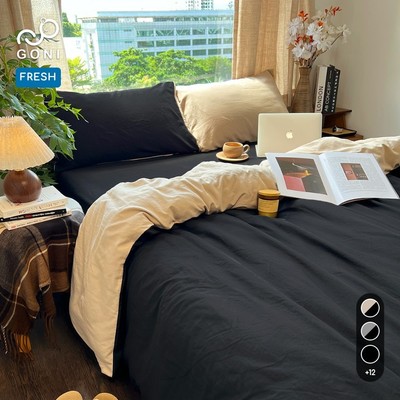 Bộ vỏ chăn mền ga gối GONI FRESH màu Beige Đen - Ga drap giường bo chun cao 4-25cm kích thước 1m, 1m2 ,1m4, 1m6, 1m8, 2m