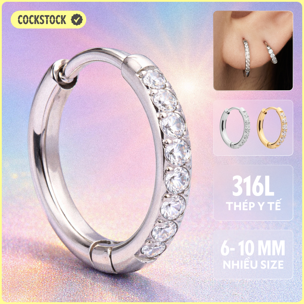 Khuyên tai vòng đá COCKSTOCK bông tai nữ khuyên tai tròn thép y tế chốt lẫy Dazzling Classic Hoop