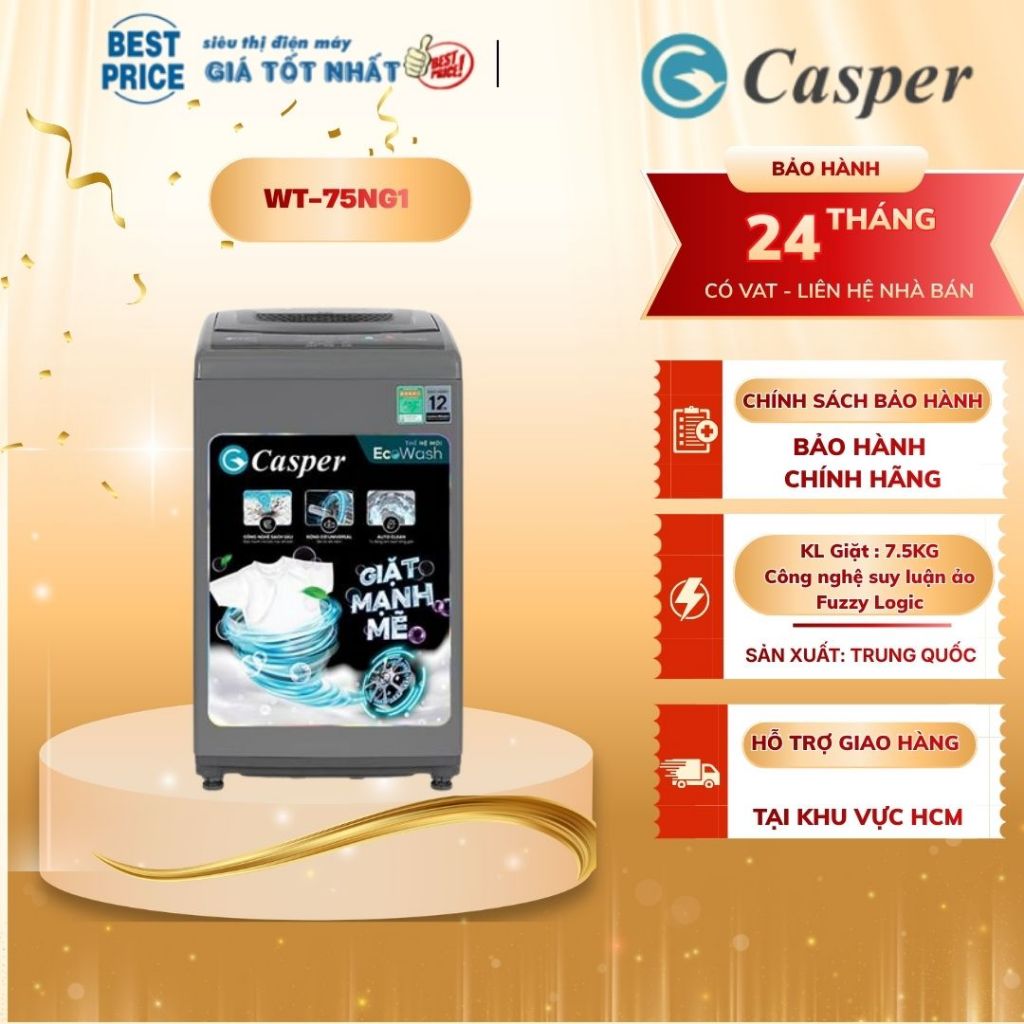 WT-75NG1 Máy giặt Casper – 7.5kg, cửa trên, AirDry, Auto Clean, giá sinh viên |  WT 75NG1