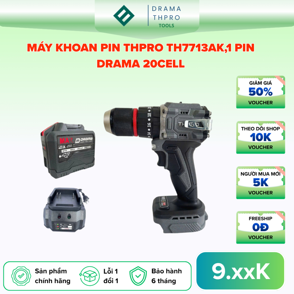 Máy Khoan Pin THPRO TH7713AK,1 pin DRAMA 20cell ,3 Chức Năng, Đầu 13ly,Động Cơ Không Chổi Than