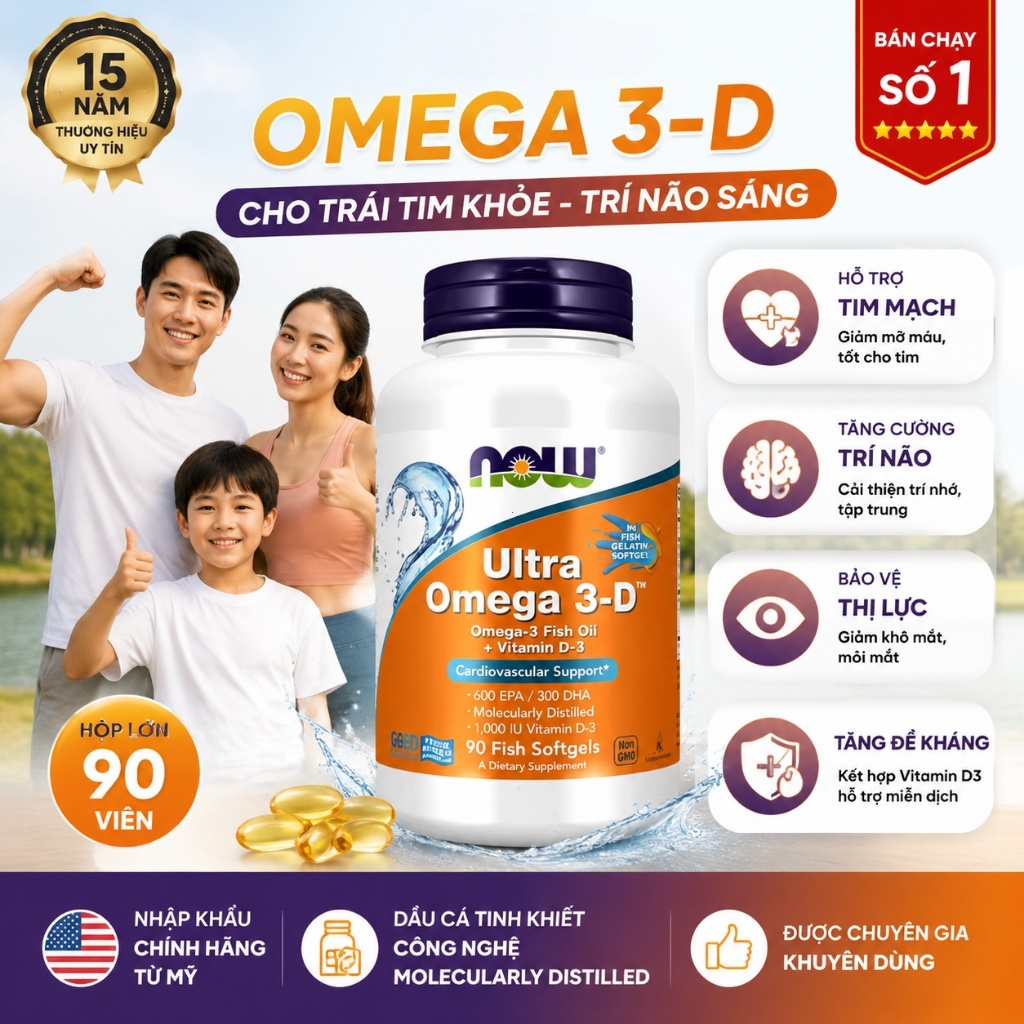Viên dầu cá Now Ultra Omega 3-D, 600 EPA/ 300 DHA bổ sung thêm vitamin D3 giúp chắc xương, sáng mắt