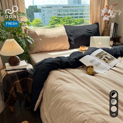 Bộ vỏ chăn mền ga gối GONI FRESH màu Đen Beige - Ga drap giường bo chun cao 4-25cm kích thước 1m, 1m2 ,1m4, 1m6, 1m8, 2m