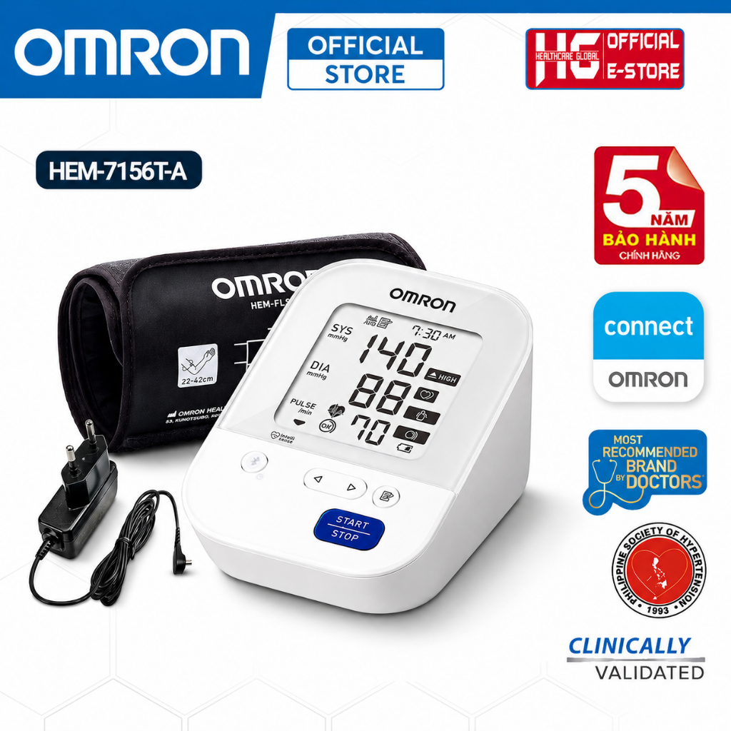 Máy Đo Huyết Áp Bắp Tay Omron HEM-7156T-A | Kết Nối Bluetooth, Vòng Bít 360 Chính Xác, Kèm Adapter