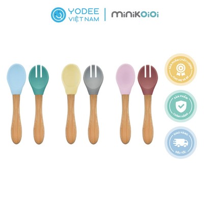 MinikOiOi Bộ muỗng nĩa silicone tay cầm bằng gỗ tre cho bé