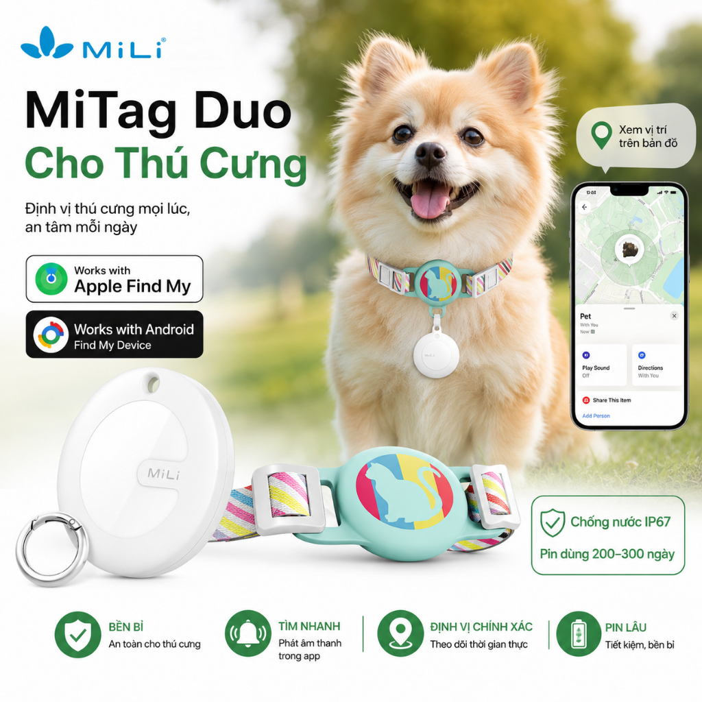 MiLi MiTag Duo Định Vị Thú Cưng Cho Chó Mèo Apple Find My Android Find My Device Chống Thất Lạc