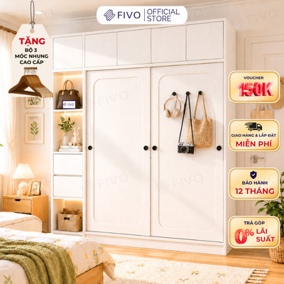Tủ Quần Áo Gỗ Cửa Lùa Cao Cấp FC37 FIVO, Gỗ Dày 17mm Độ Sâu 60cm, Kèm Hộc Trang Trí, Freeship+Free Lắp Đặt, Trả Góp 0%
